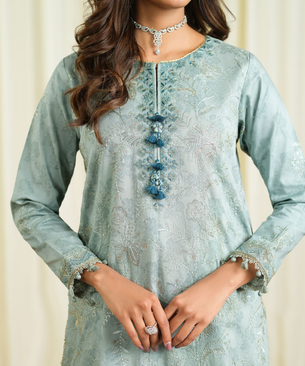 Women's Unstitched Cotton Jacquard Embroidered Blue 3 Piece Suit