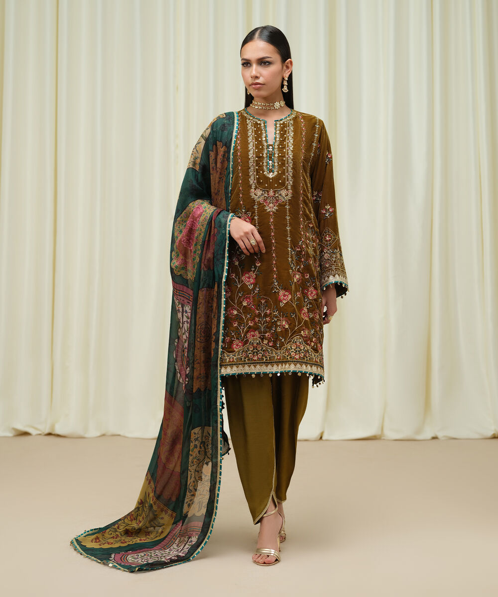 Women's Unstitched Velvet Embroidered Brown 3 Piece Suit