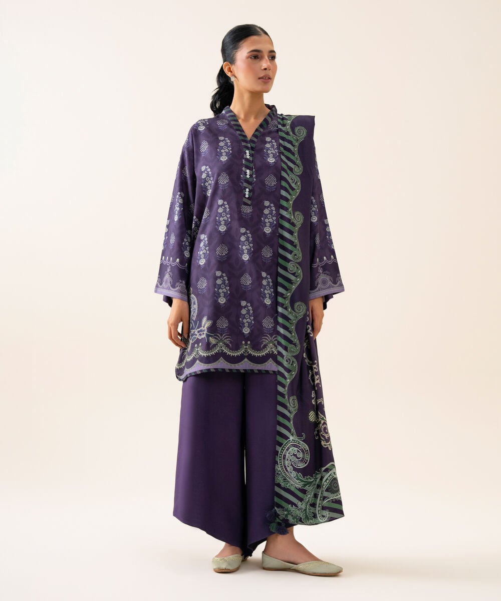 Women's Unstitched Viscose Linen Printed Blue 3 Piece Suit