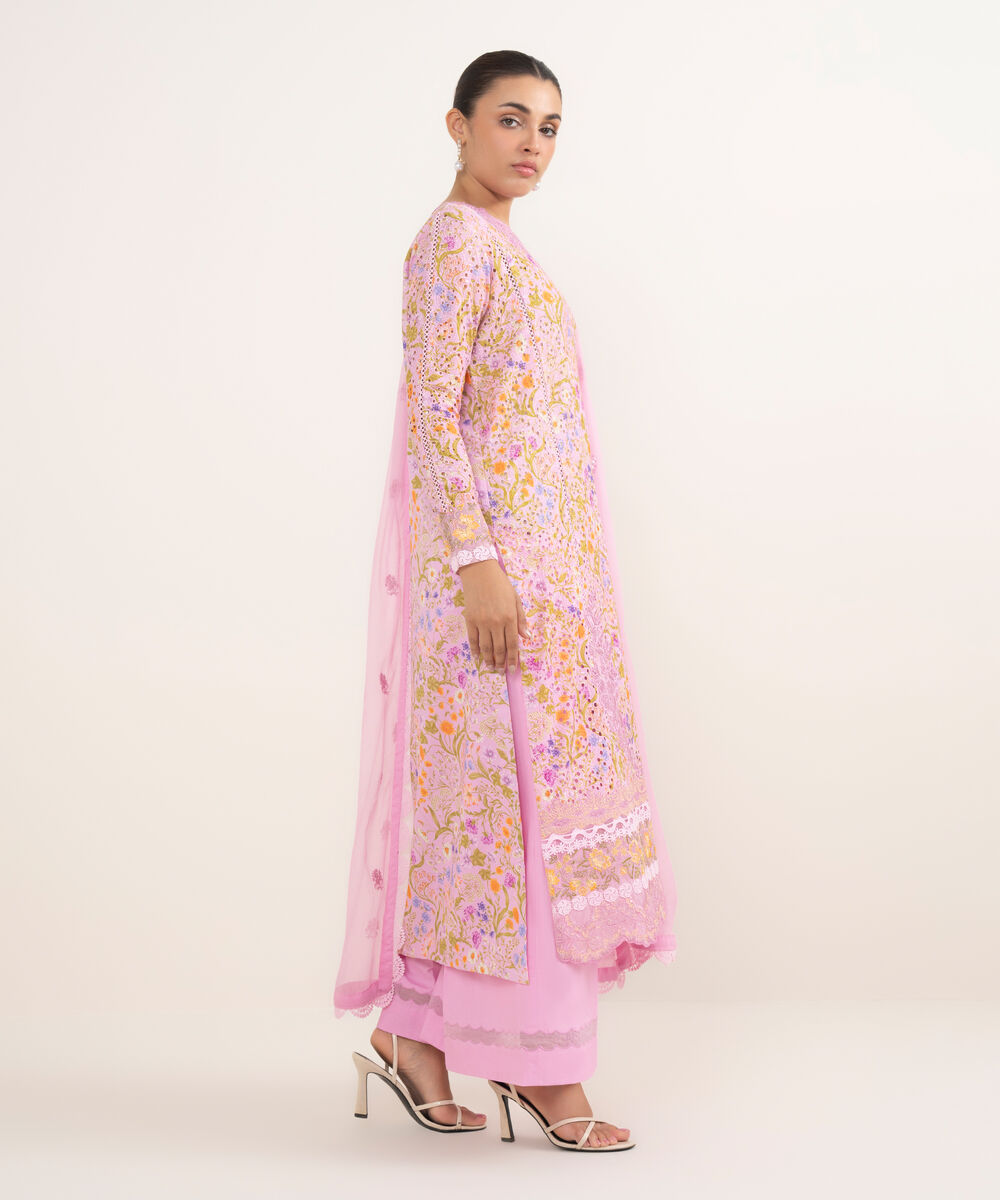 Women's Unstitched Cotton Embroidered Pink 3 Piece Suit