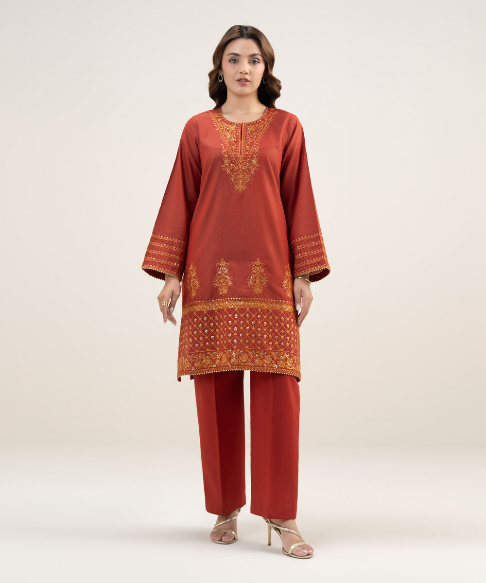Women's RTW Zari Lawn Embroidered Rust A-Line Shirt