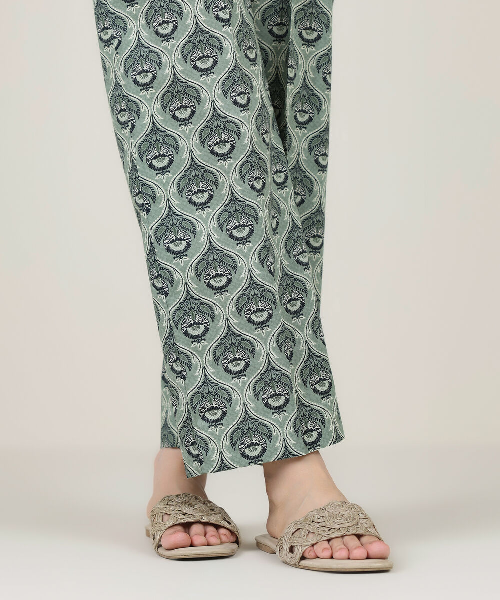 Women's RTW Cambric Green Printed Straight Pants