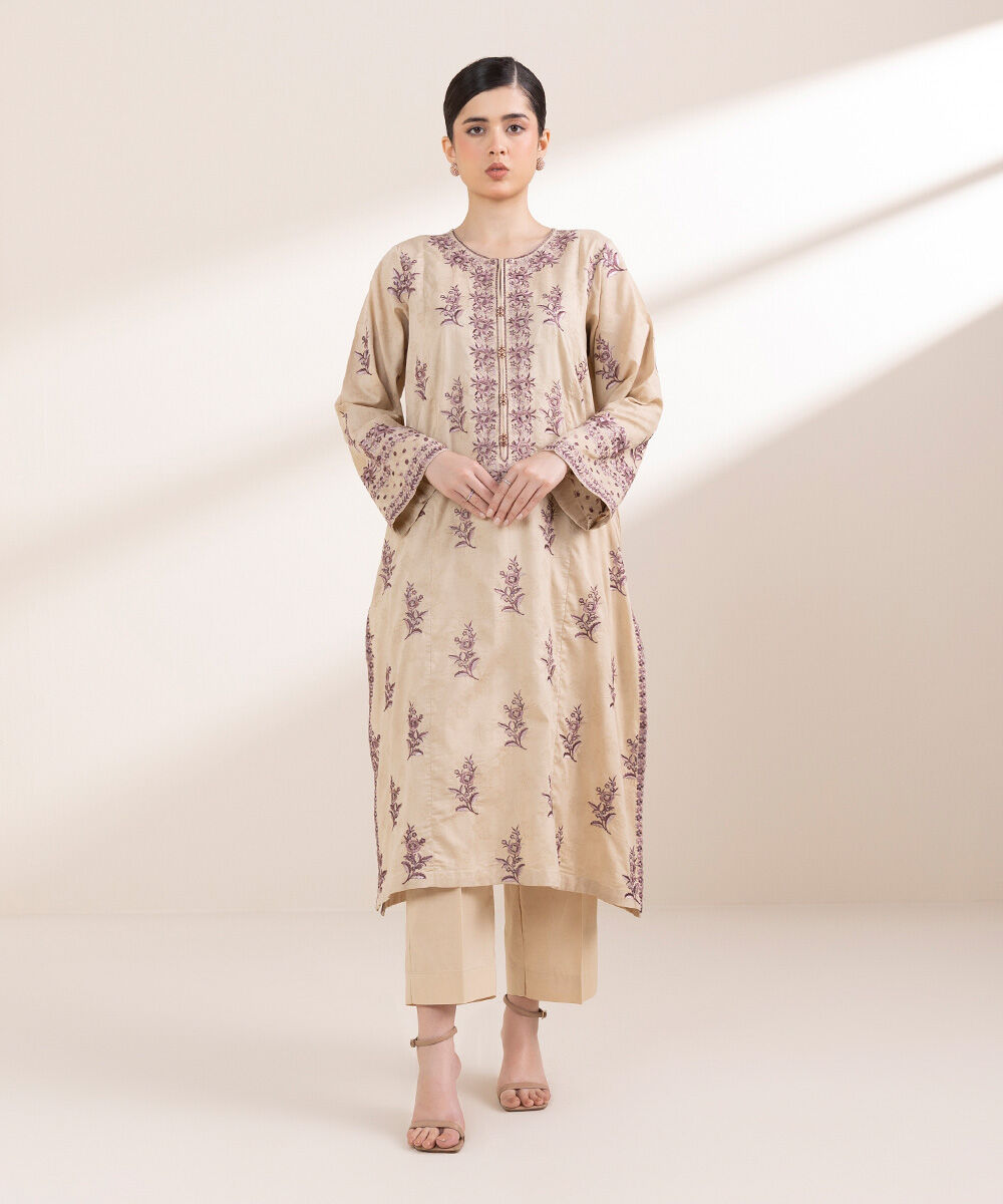 Women's Pret Cotton Jacquard Beige Embroidered A-Line Shirt