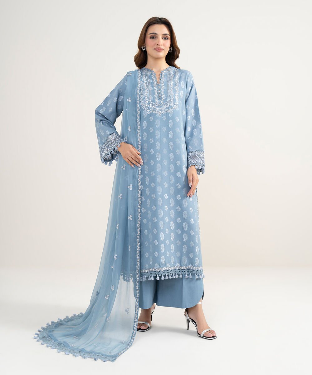 Women's Unstitched Extra Weft Jacquard Embroidered Blue 3 Piece Suit