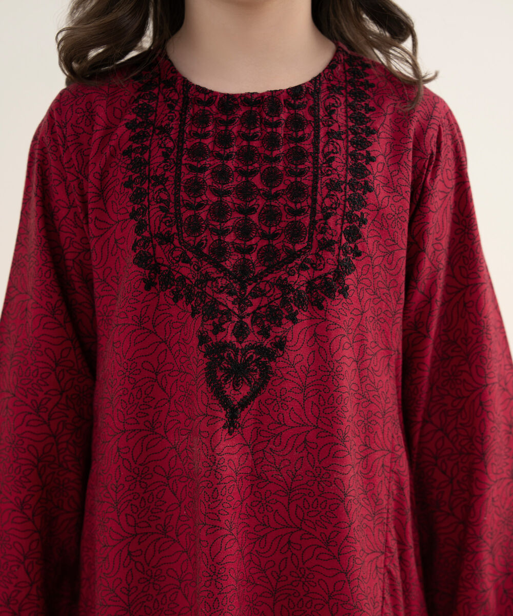 Girl's Herringbone Embroidered Red 2 Piece Set