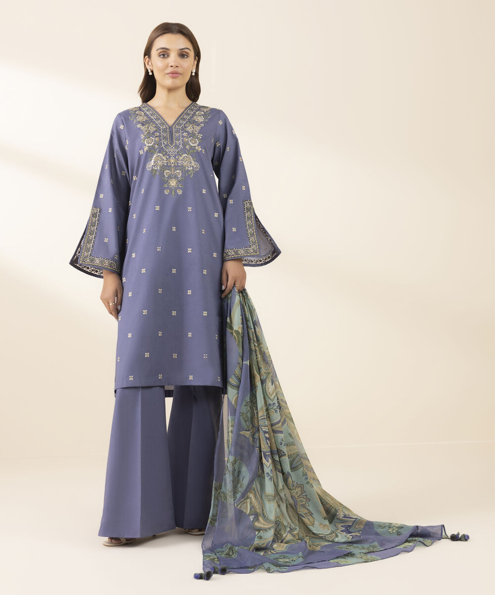 Unstitched Women's Blue Textured Lawn Shirt Dupatta