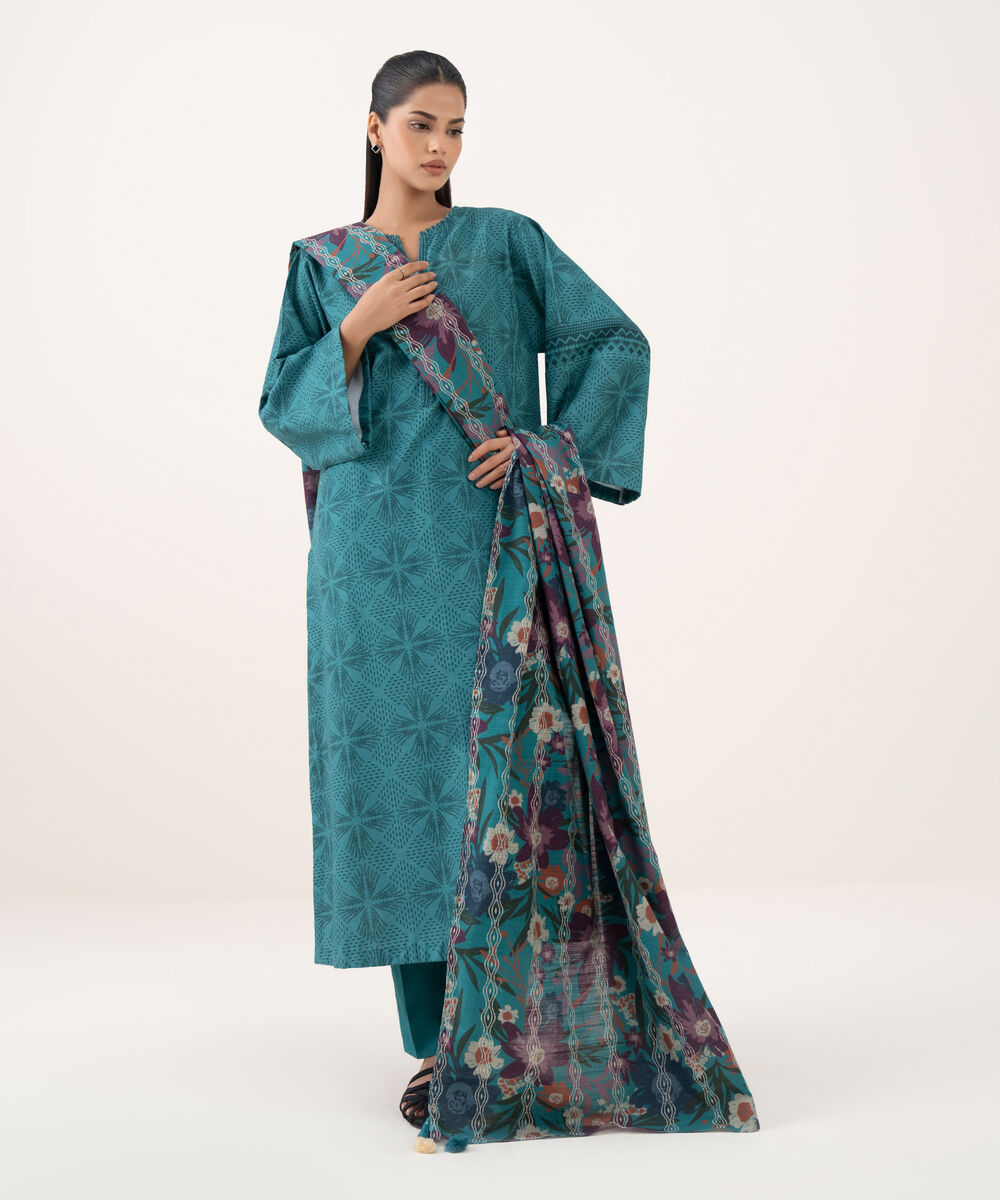 Women's Unstitched Light Khaddar Printed Green Three Piece Suit