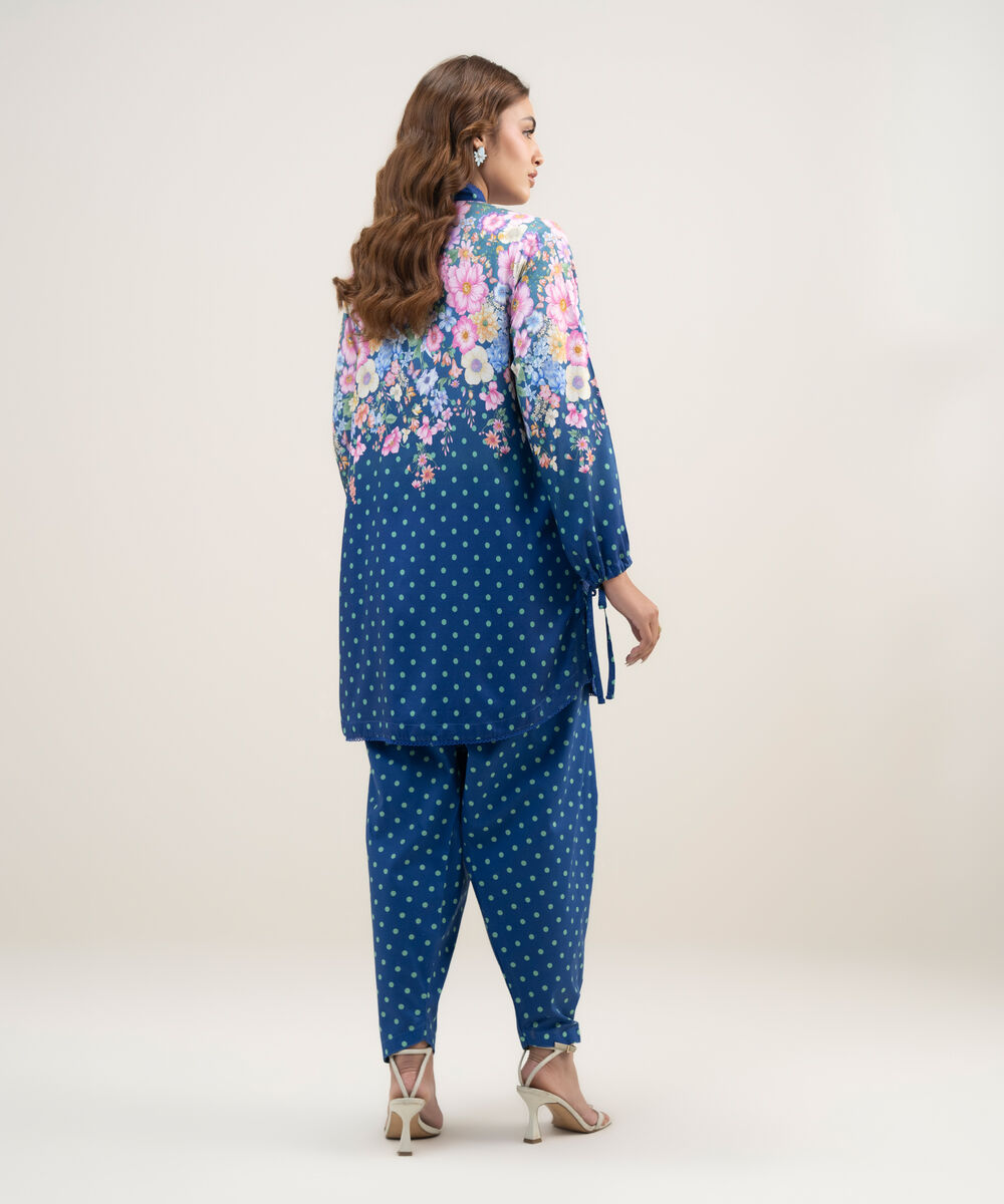 Women's RTW Dobby Printed Dark Blue 2 Piece Suit