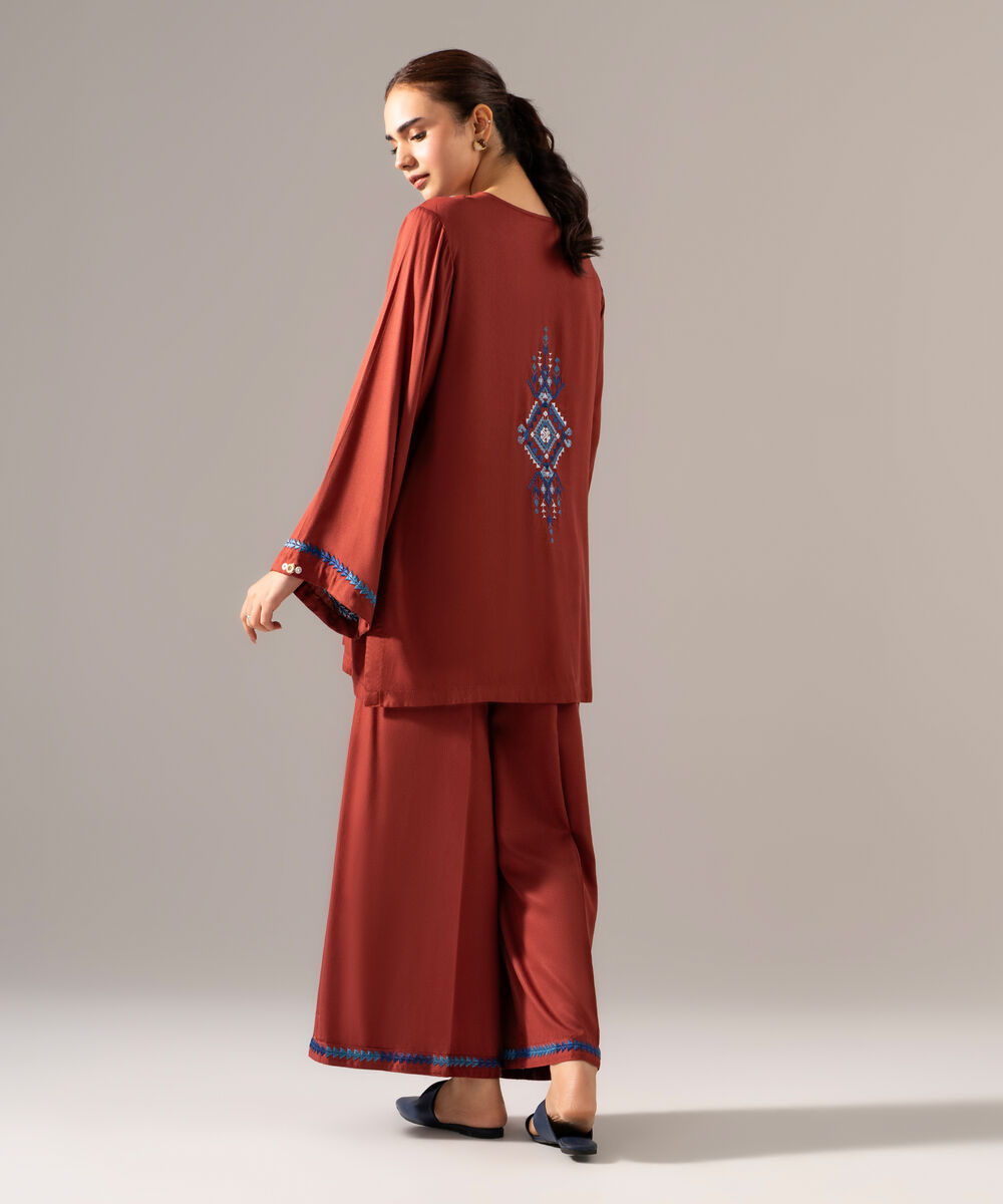 Women's RTW Bedford Solid Embroidered Brown Drop Shoulder Shirt