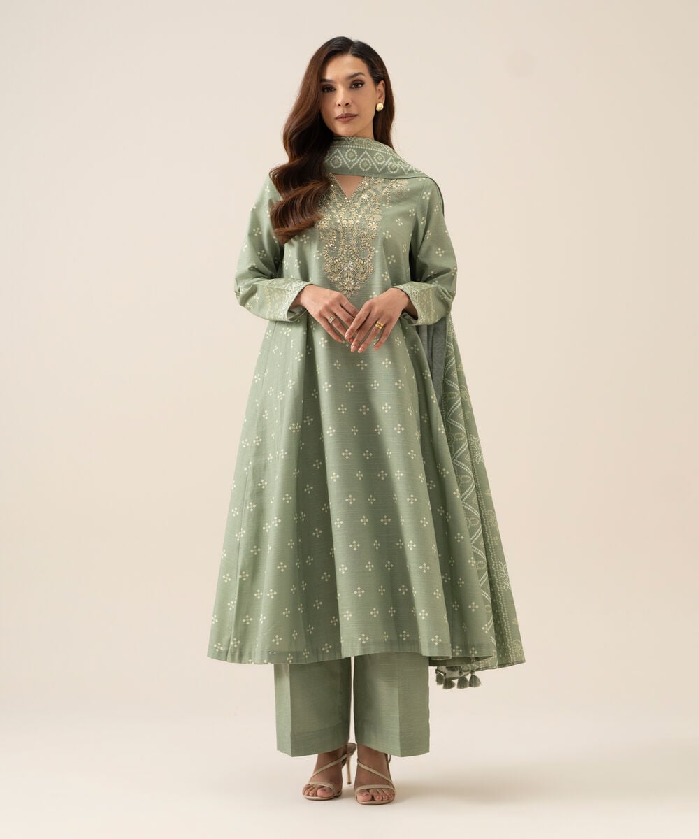 Women's Unstitched Light Khaddar Printed Mint Green 3 Piece Suit