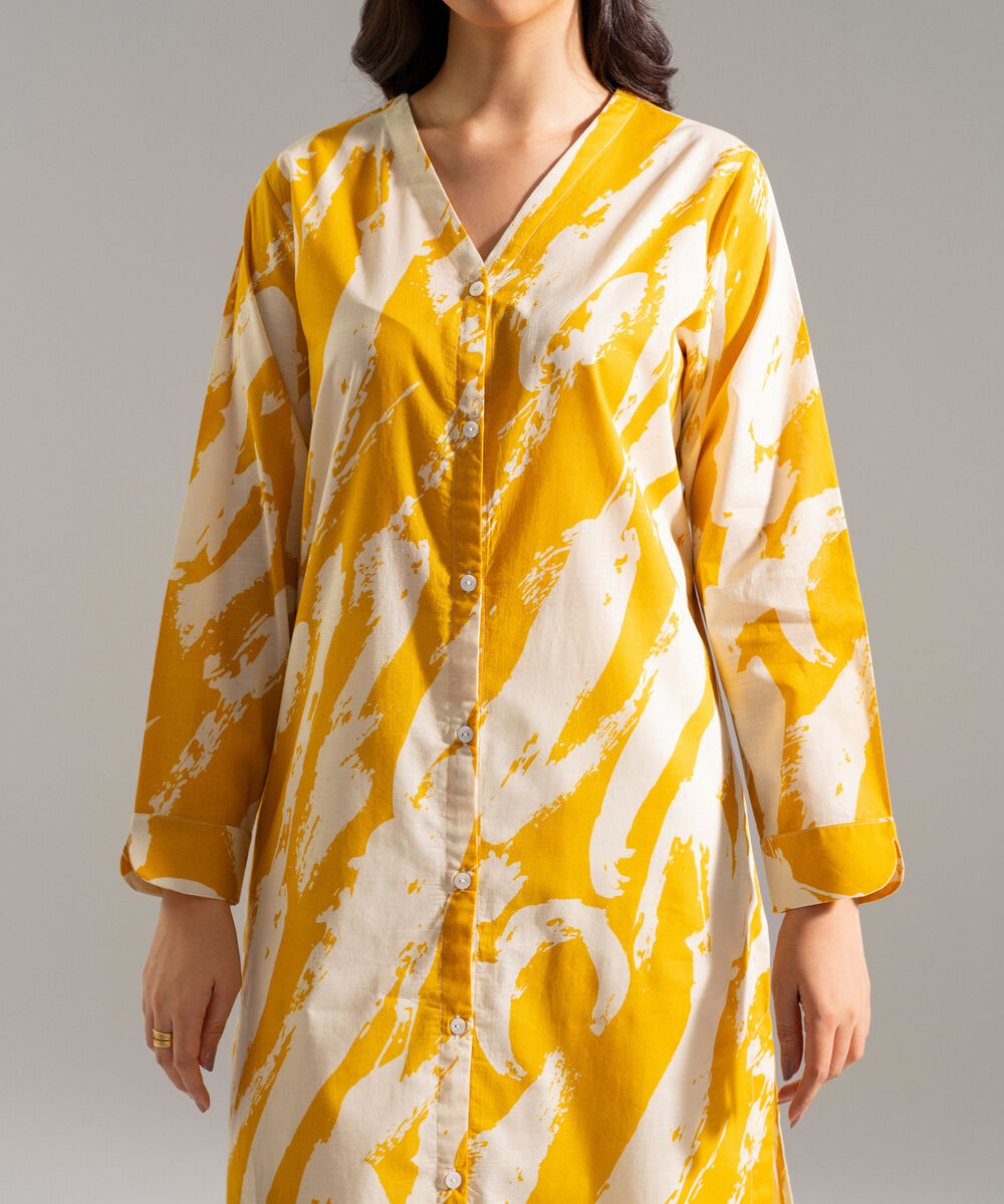 Women's RTW Slub Lawn Printed Yellow Straight Shirt