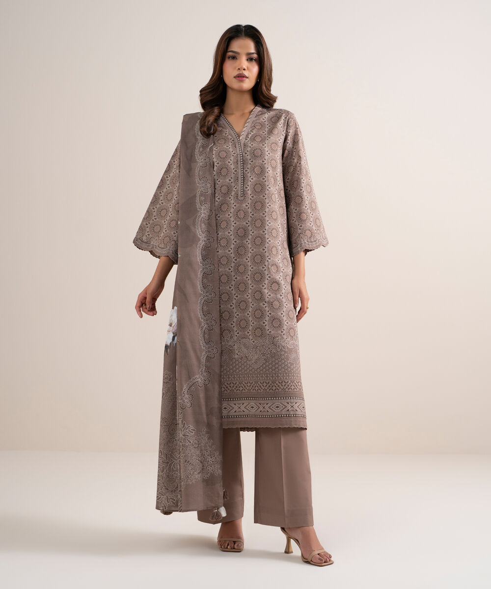 Women's Unstitched Lawn Printed Beige 3 Piece Suit