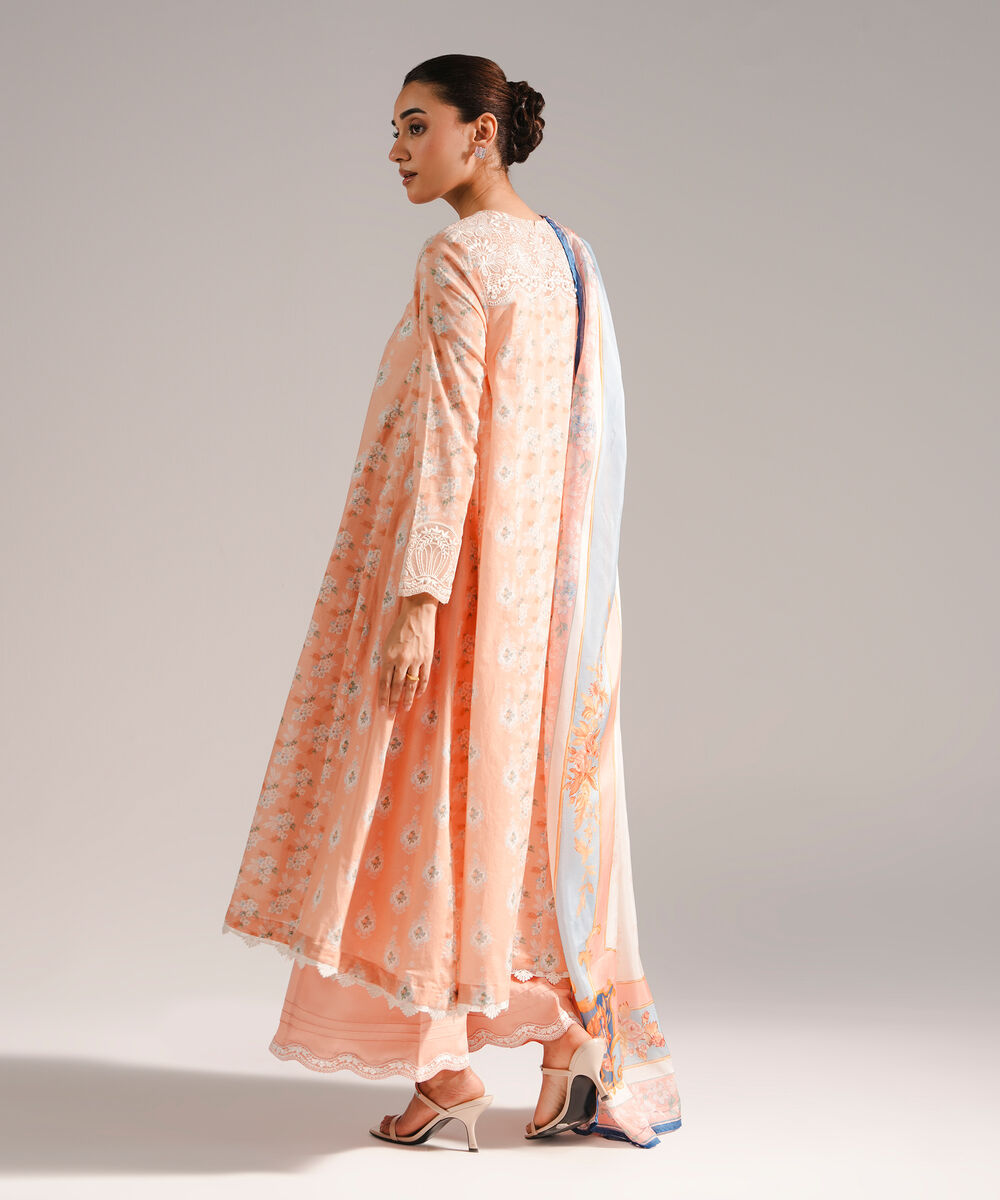 Women's RTW Cotton Satin Embroidered Peach 3 Piece Suit