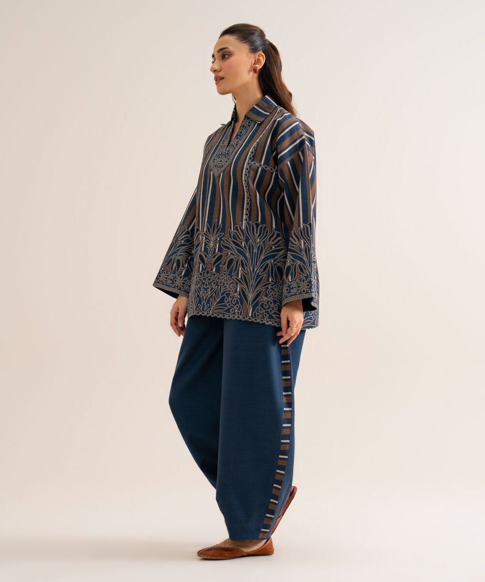 Women's Unstitched Premium Khaddar Printed Dark Blue 2 Piece Suit