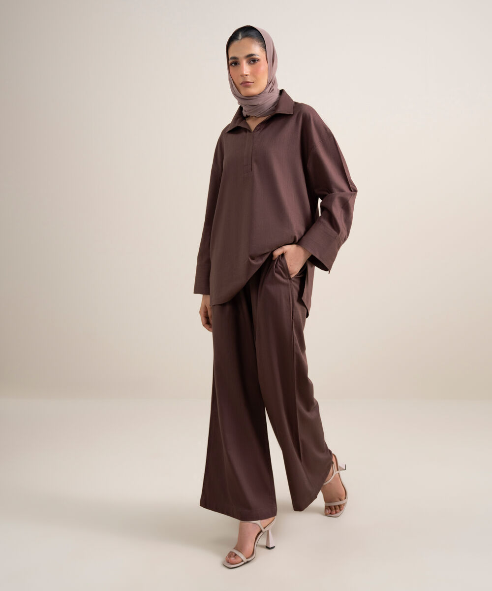 Women's Plumish Brown Loose Fit Pleated Pants