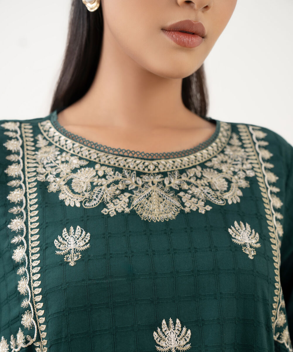 Women's RTW Textured Cotton Green Embroidered A-Line Shirt