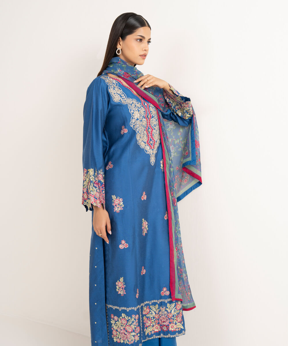 Women's RTW Silk Cotton Net Blue Embroidered 3 Piece Suit