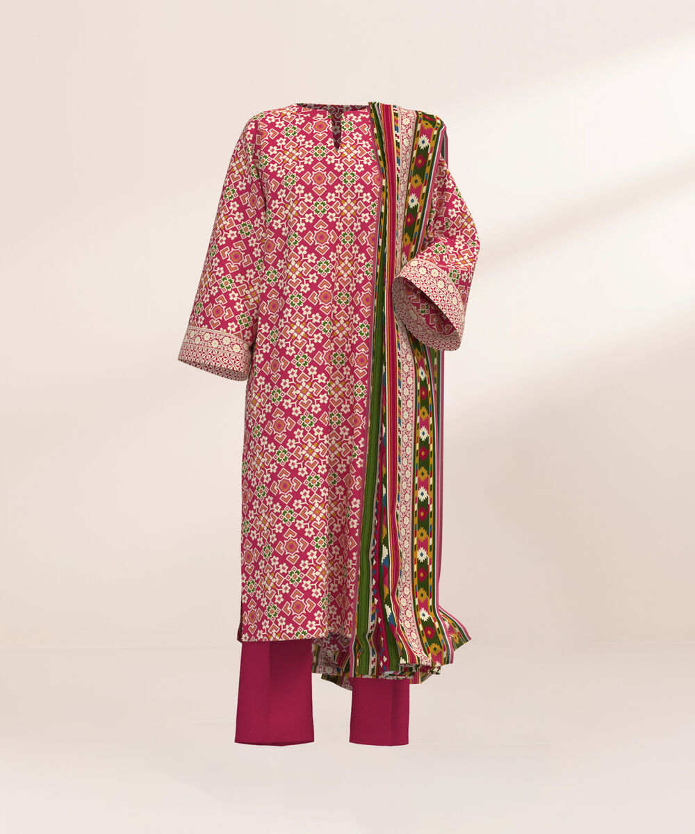 Women's Three Piece Printed Pink Lawn Suit