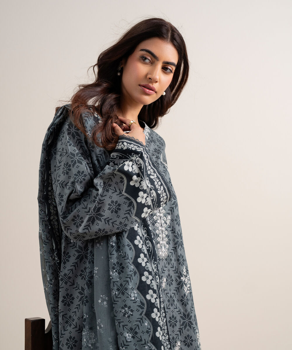 Women's Unstitched Lawn Embroidered Grey 3 Piece Suit