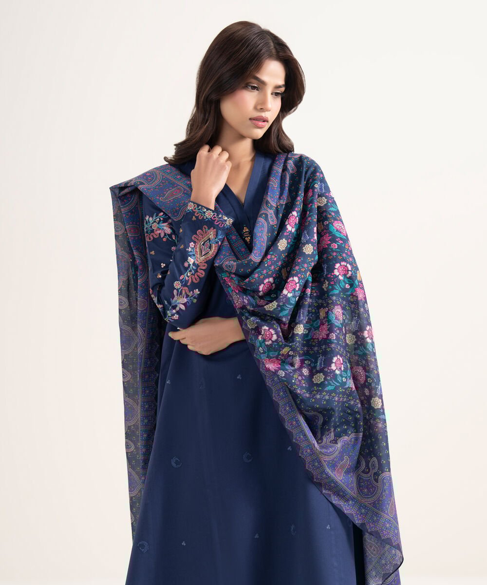 Women's Unstitched Textured Lawn Blue Embroidered 3 Piece Suit