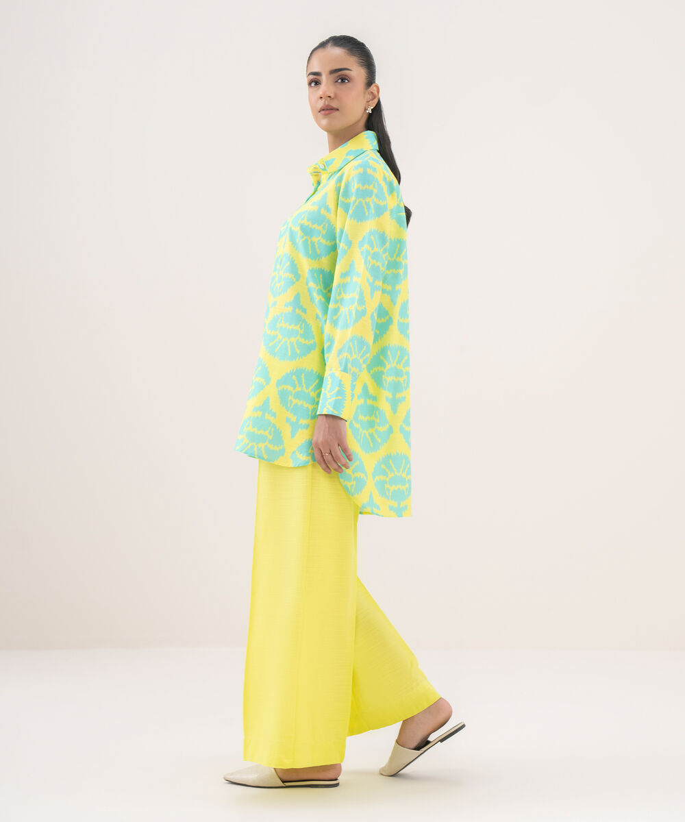 Women's RTW Khaddar Printed Button Down Lime Green Shirt