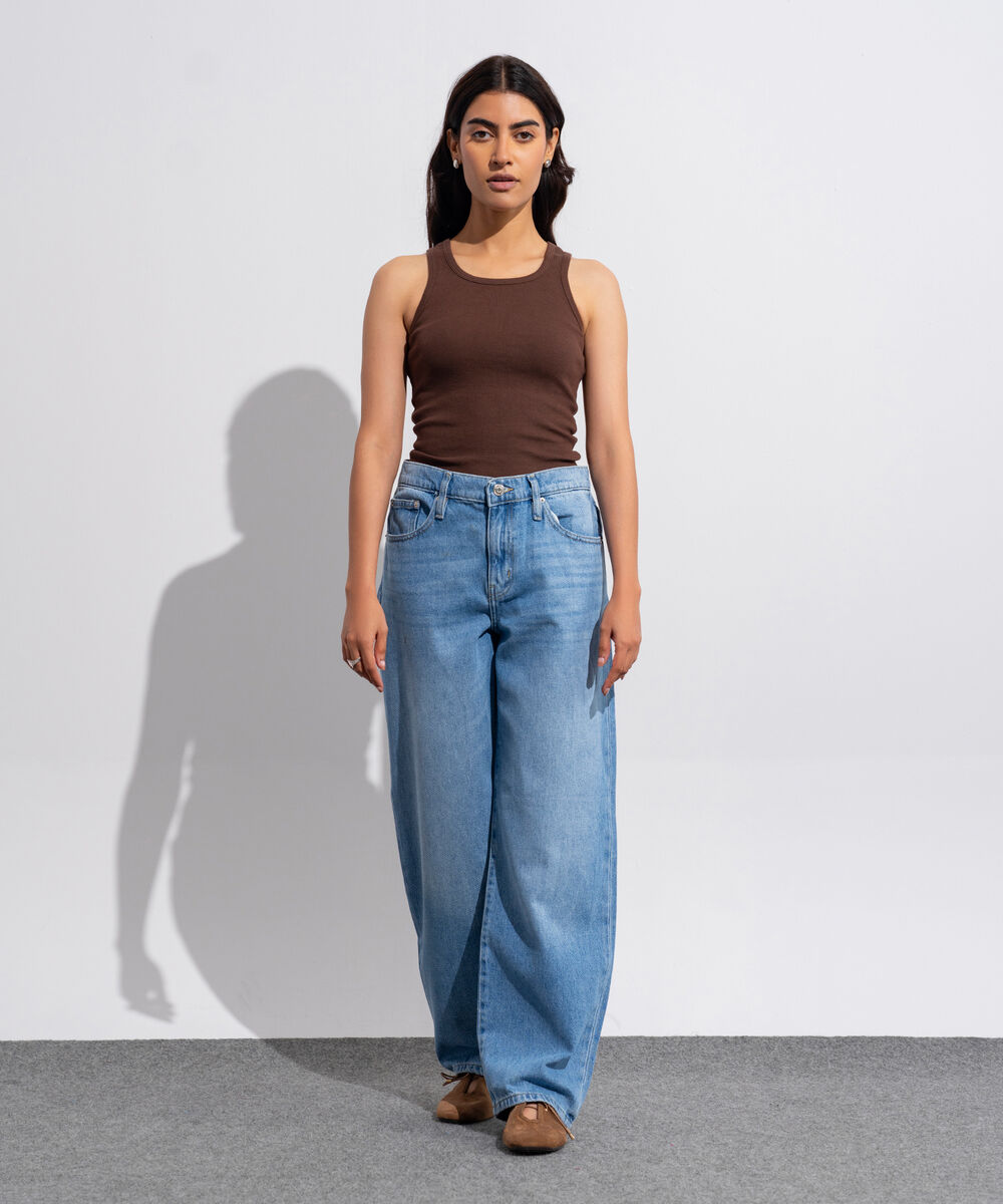 Women's Western Wear Denim Wide Leg Fit Indigo Blue - Mid Worn Jeans