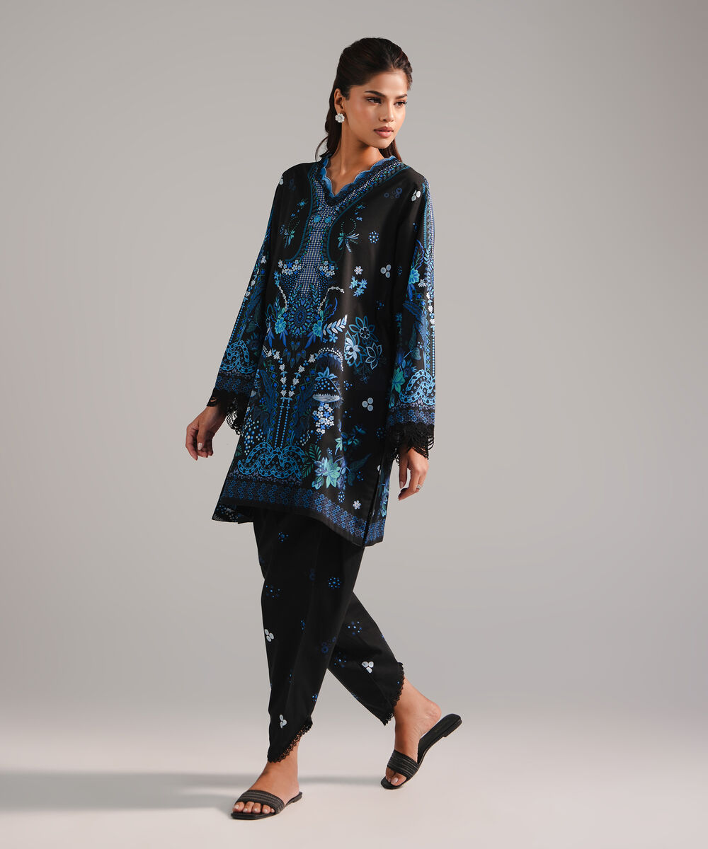 Women's RTW Lawn Printed Black 2 Piece Suit