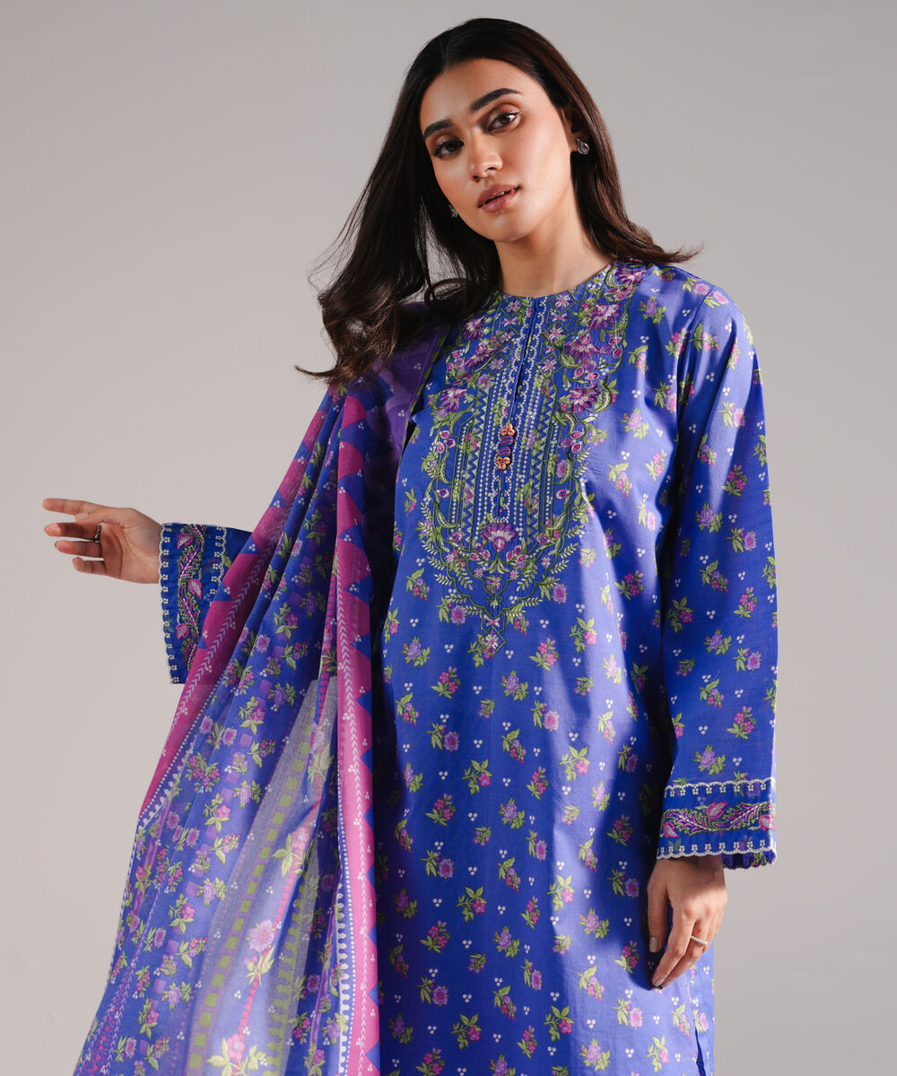 Women's RTW Lawn Printed Blue 3 Piece Suit