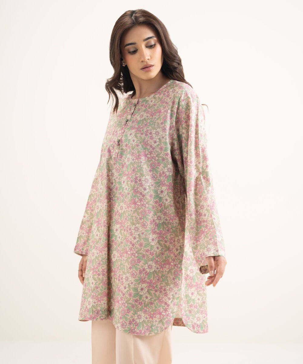 Women's RTW Cotton Viscose Printed Pink Drop Shoulder Shirt