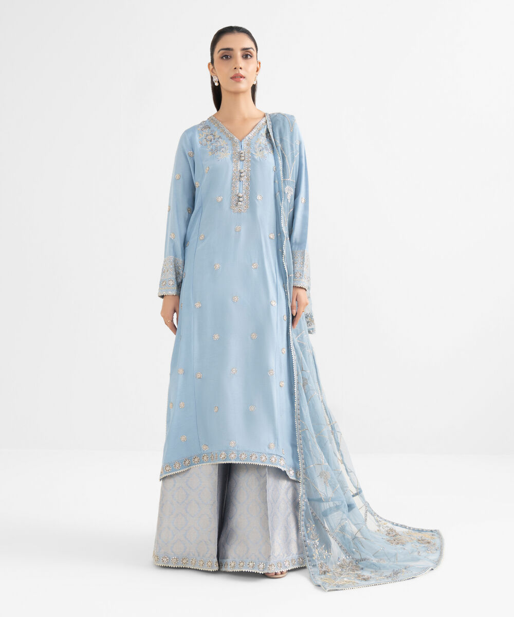 Women's RTW Raw Silk Embroidered Blue 3 Piece Suit