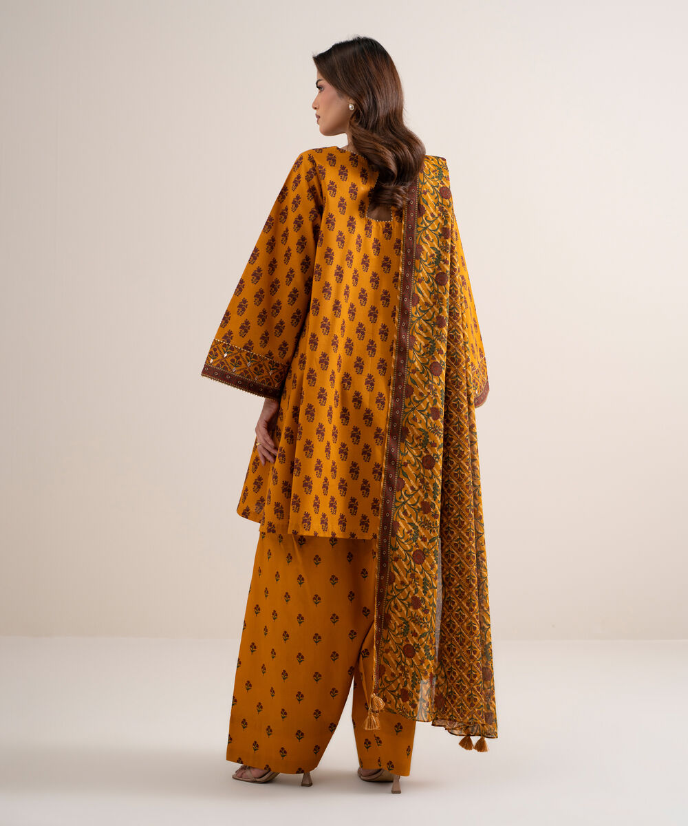 Women's Unstitched Lawn Printed Yellow and Red 3 Piece Suit