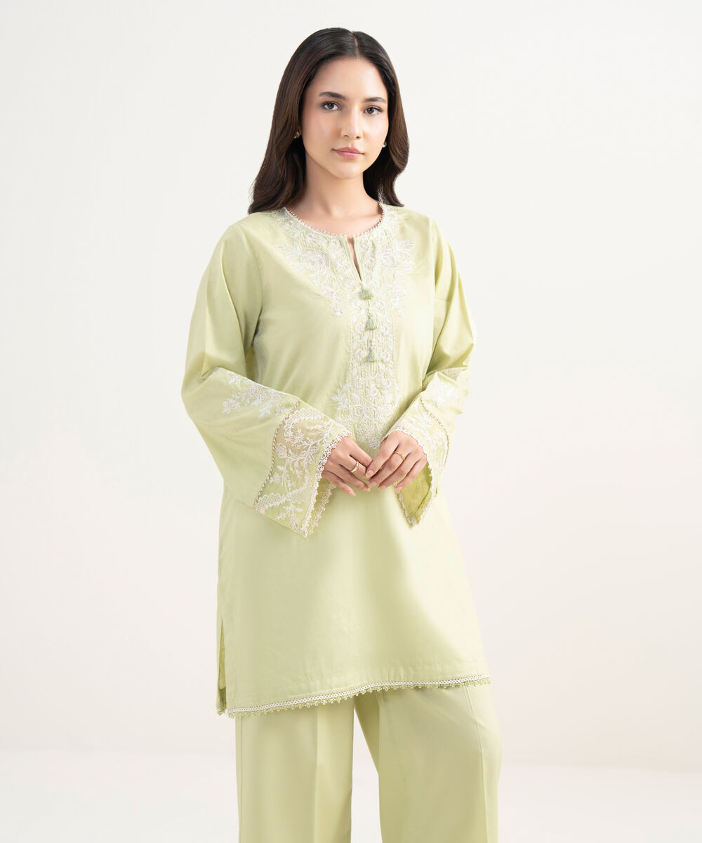 Women's RTW Self Jacquard Embroidered Green Straight Shirt
