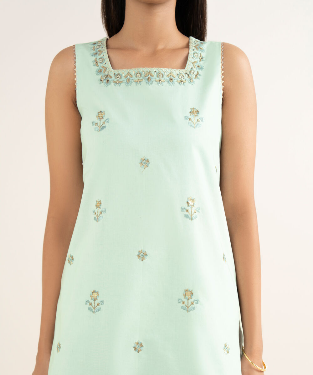 Women's Unstitched Embroidered Cotton Light Aqua 3 Piece Suit