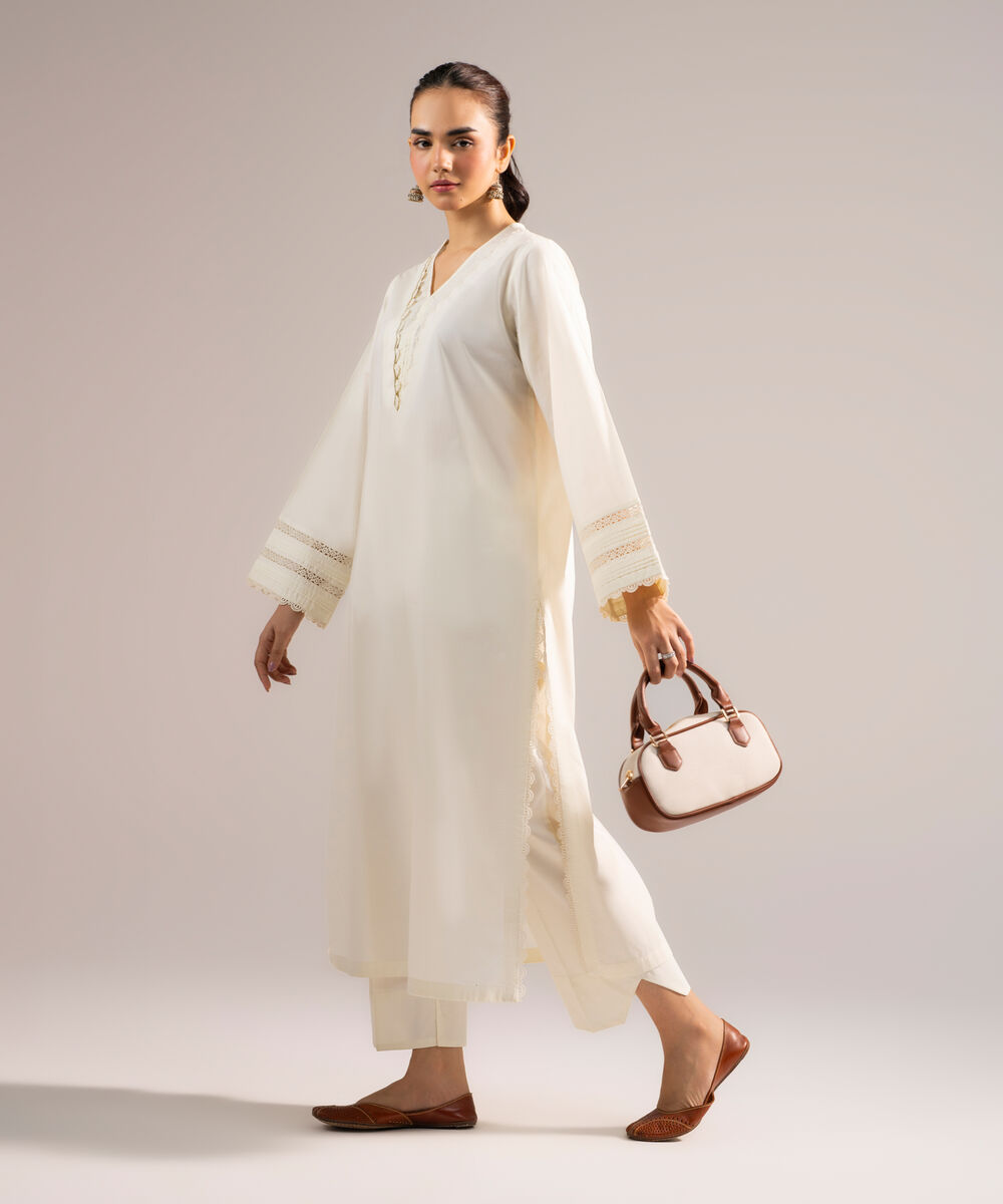 Women's RTW Poplin Solid Off White Straight Shirt