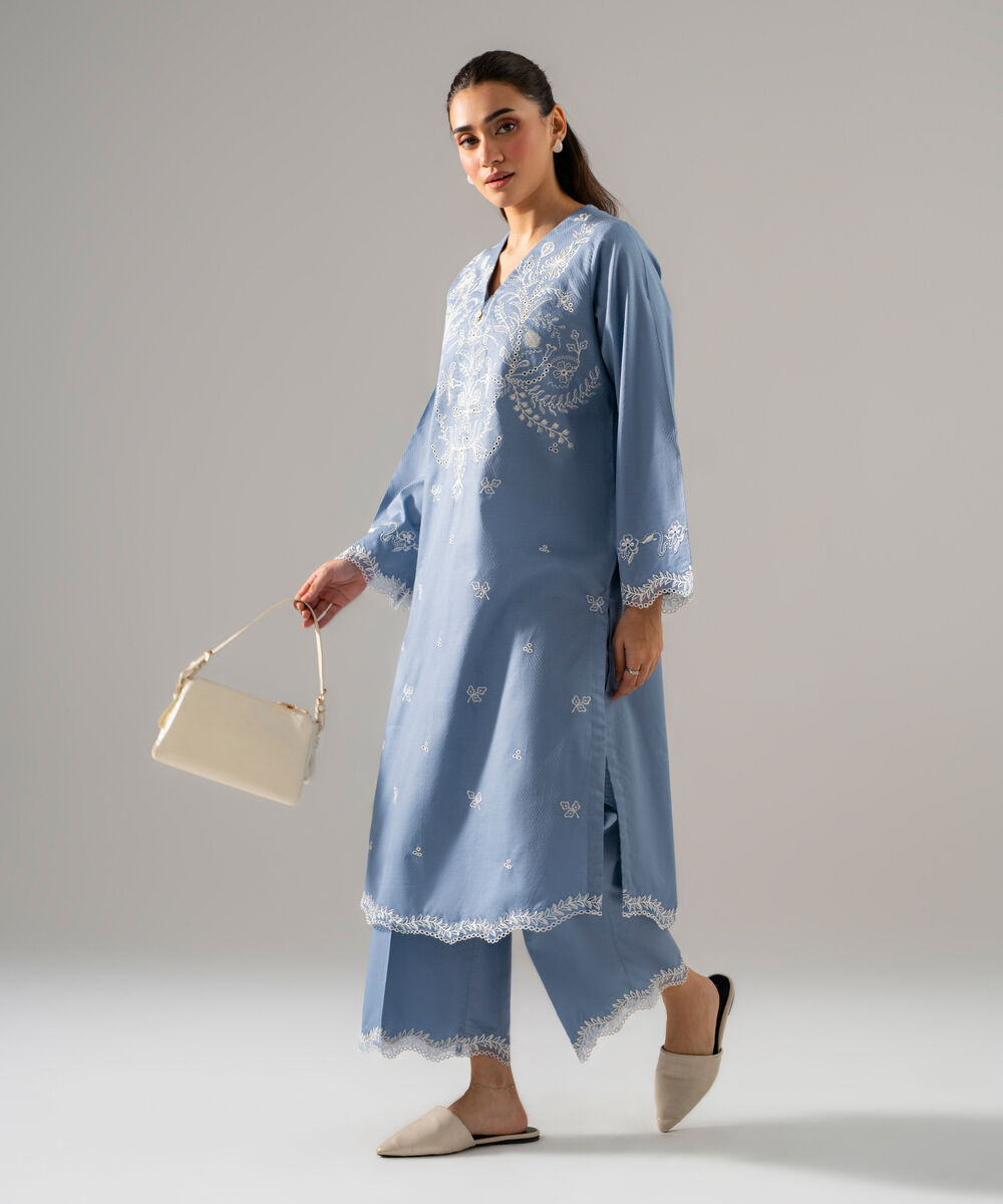 Women's RTW Dobby Solid Embroidered Blue 2 Piece Suit