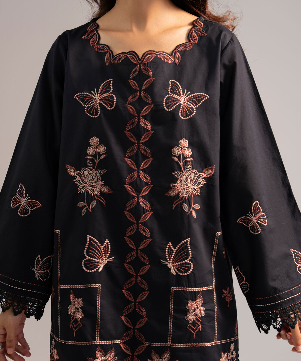 Women's RTW Cotton Viscose Embroidered Black Straight Shirt