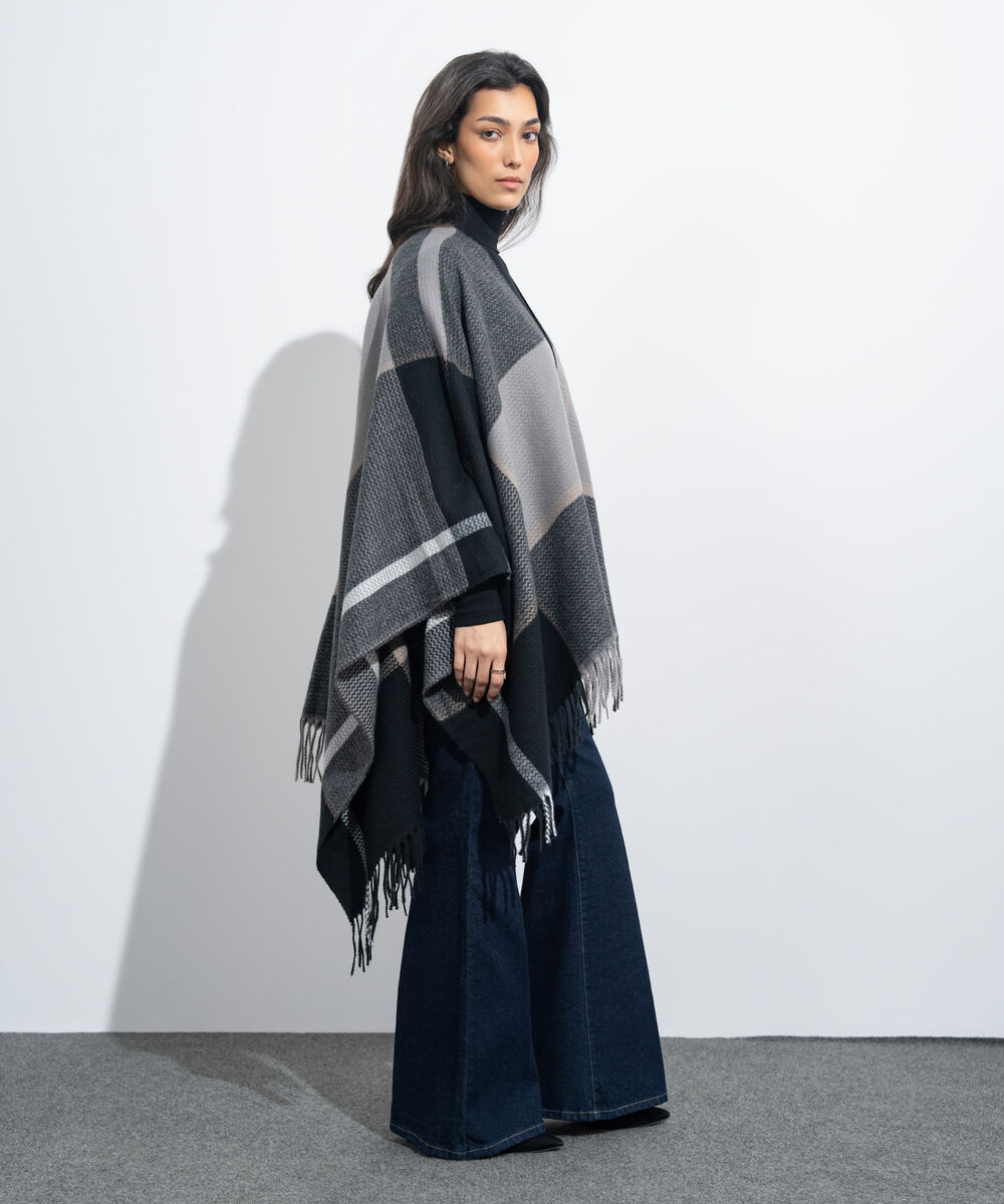 Women's Western Wear Black & Grey Striped Cape Shawl