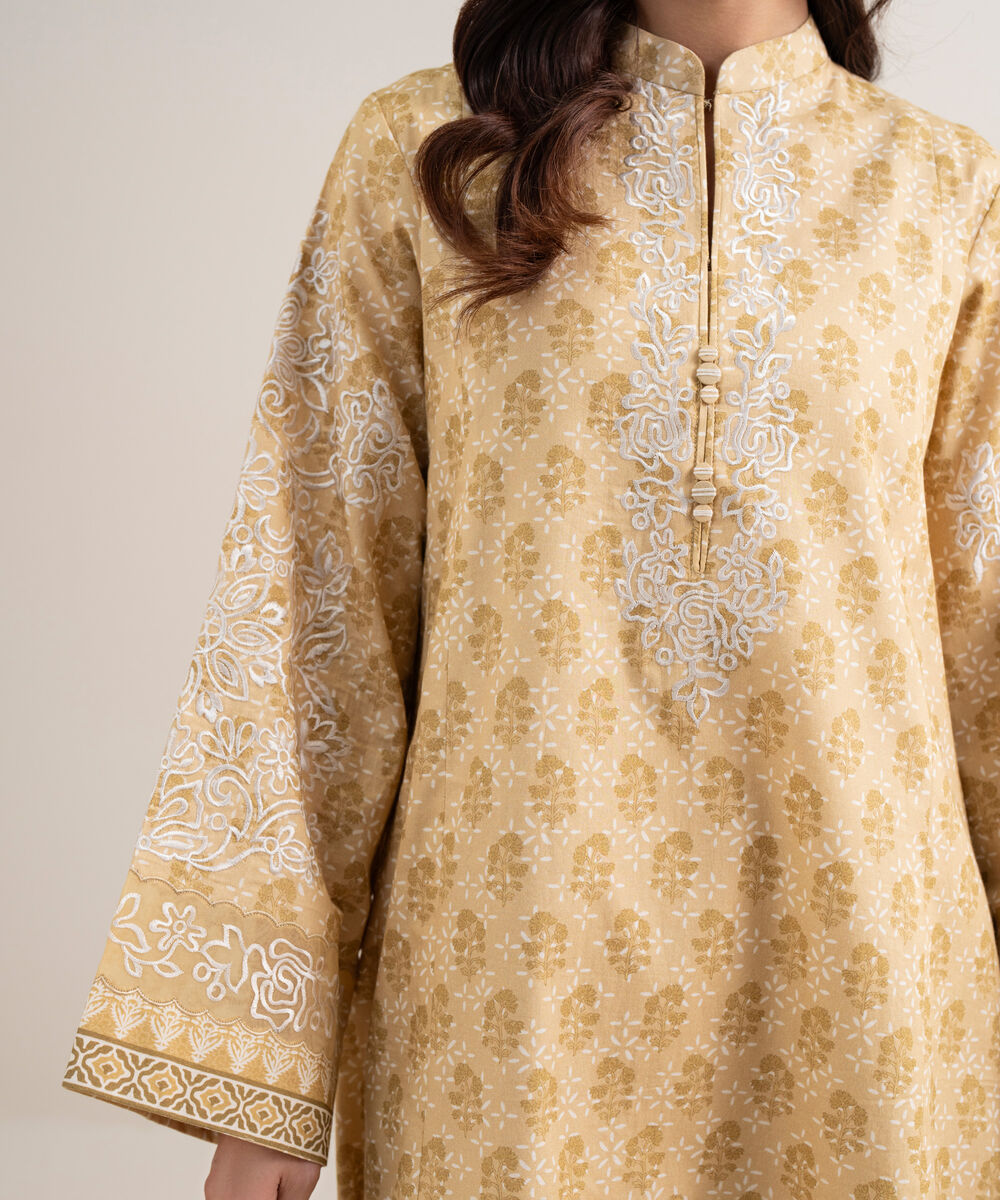 Women's Unstitched Lawn Embroidered Light Mustard 3 Piece Suit
