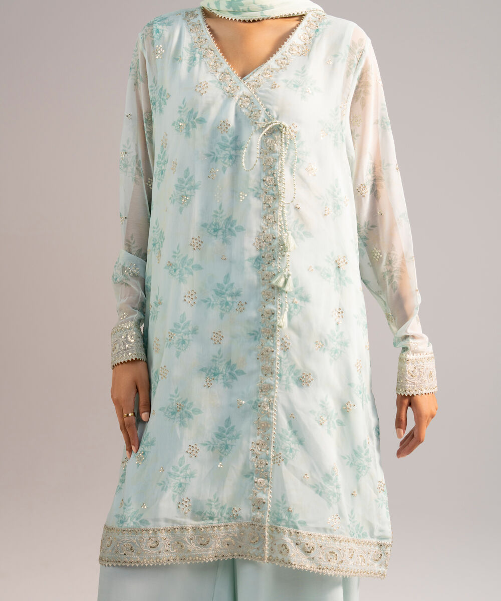 Women's RTW Chiffon Embroidered Blue 3 Piece Suit