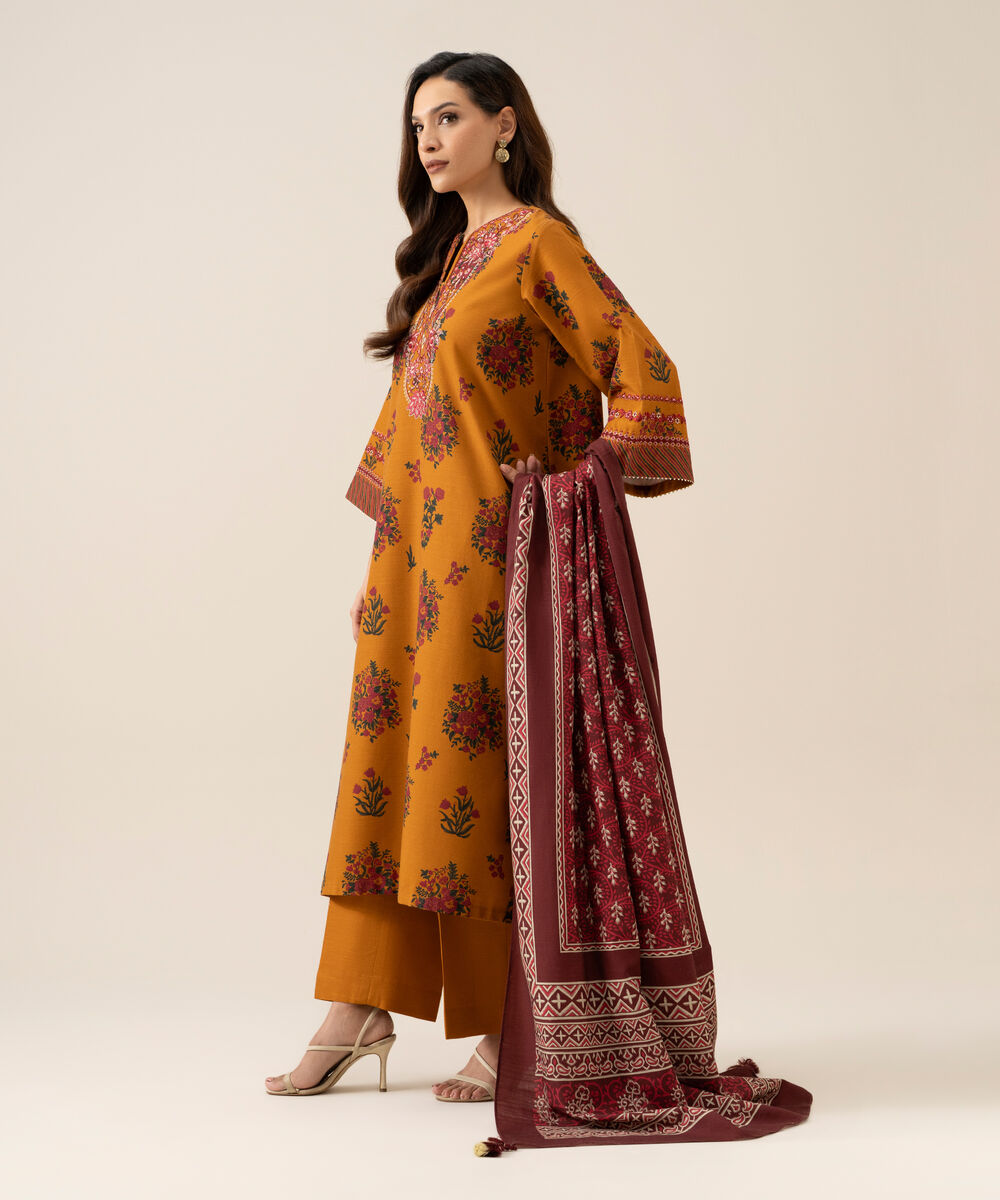 Women's Unstitched Light Khaddar Embroidered Burnt Orange 3 Piece Suit
