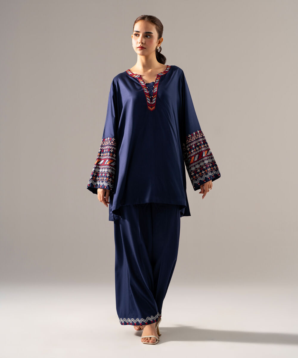 Women's RTW Bedford Solid Embroidered Blue Drop Shoulder Shirt