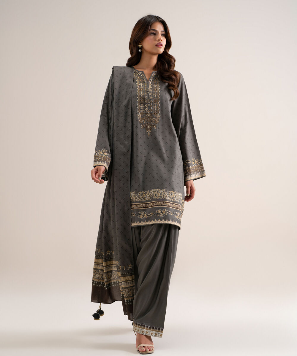 Women's Unstitched Embroidered Linen Gray 3 Piece Suit