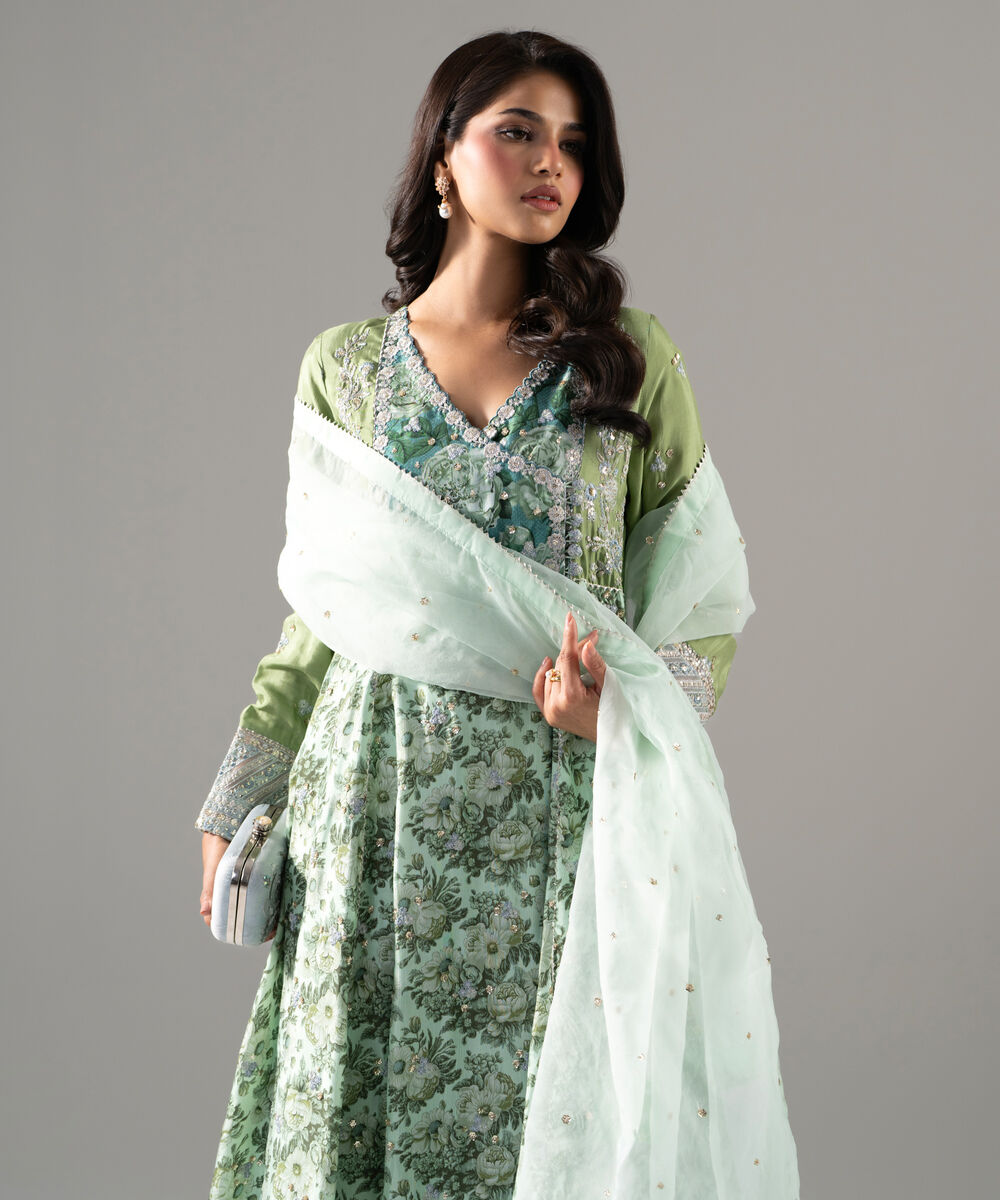 Women's RTW Bright Raw Silk Printed Green 3 Piece Suit
