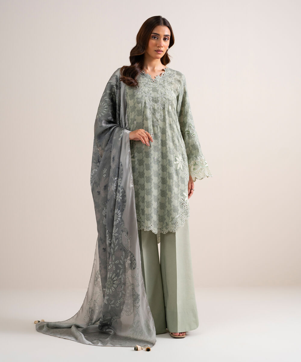Women's Unstitched Embroidered Linen Jacquard Light Green 3 Piece Suit