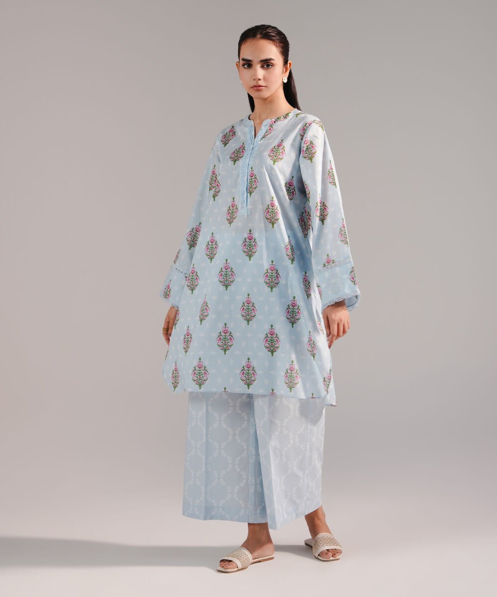 Women's RTW Lawn Printed Ice Blue Straight Shirt