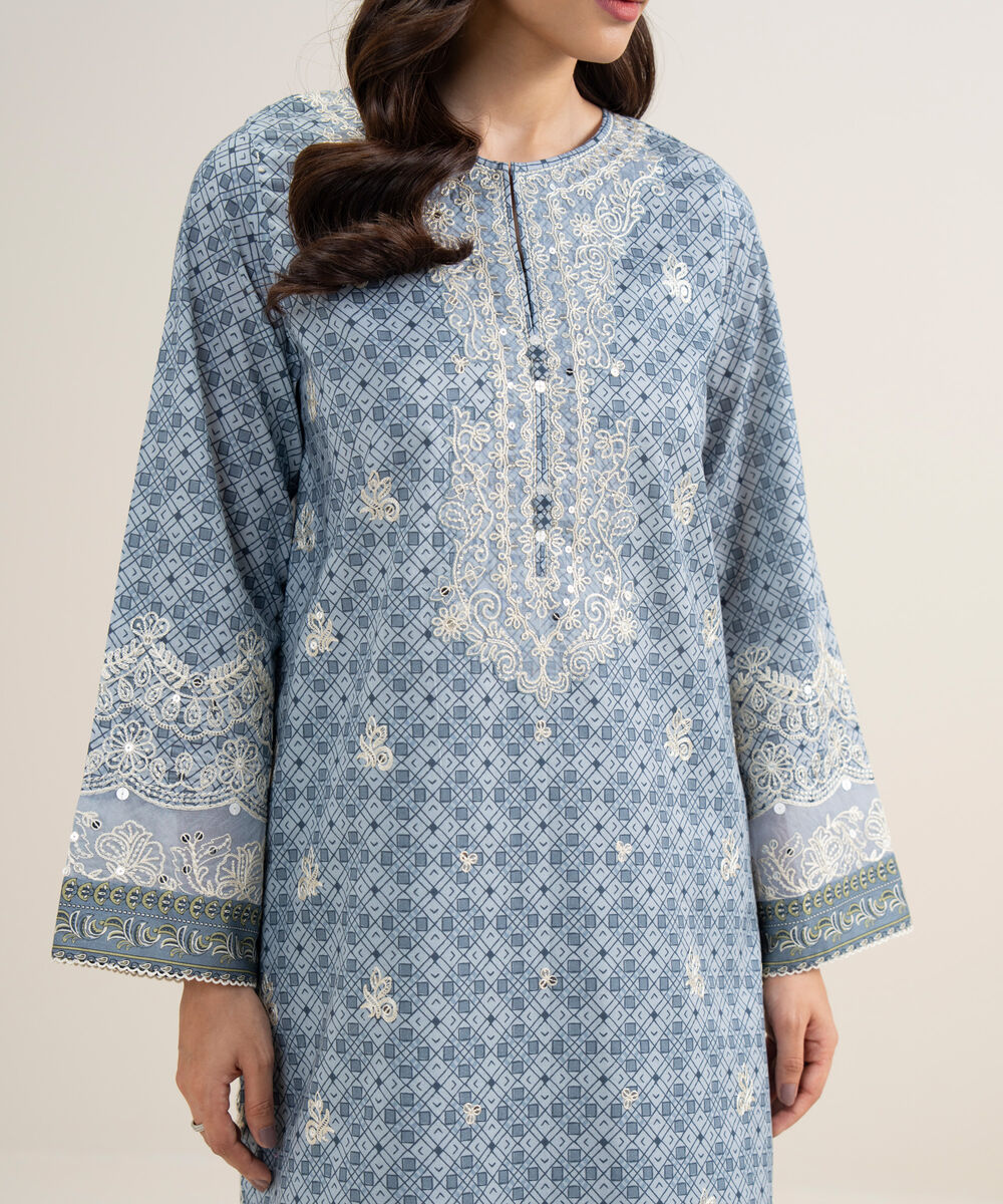 Women's Unstitched Lawn Embroidered Ice Blue 3 Piece Suit