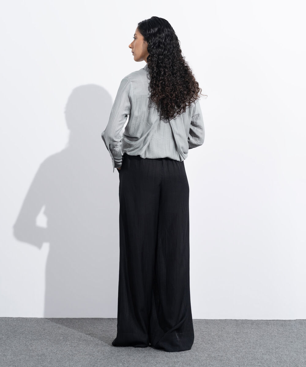 Women's Western Wear Black Textured Wide-Leg Trousers