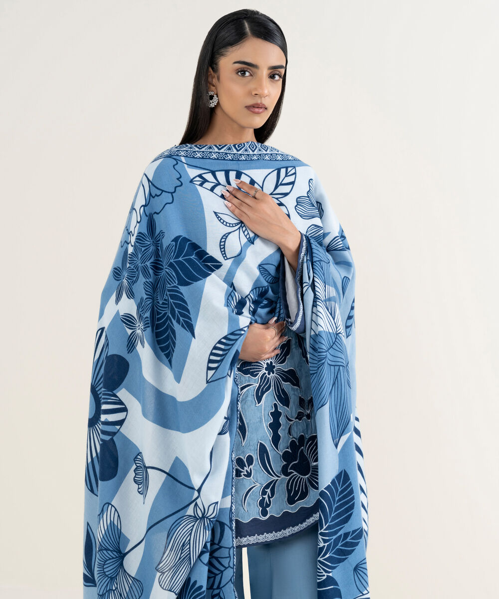 Women's Unstitched Embroidered Cotton Jacquard Blue 3 Piece Suit