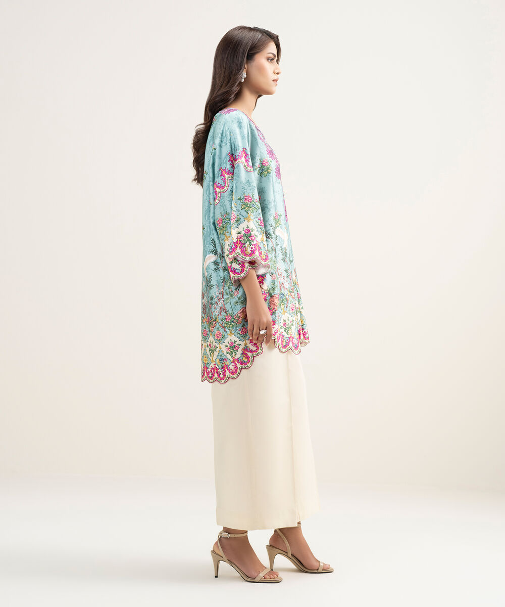 Women's RTW Premium Visocose Satin Printed Blue Drop Shoulder Shirt