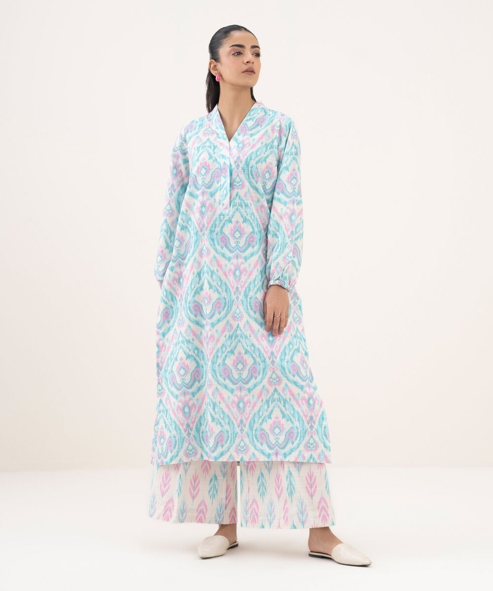 Women's RTW Light Khaddar Printed Straight Turquoise Shirt
